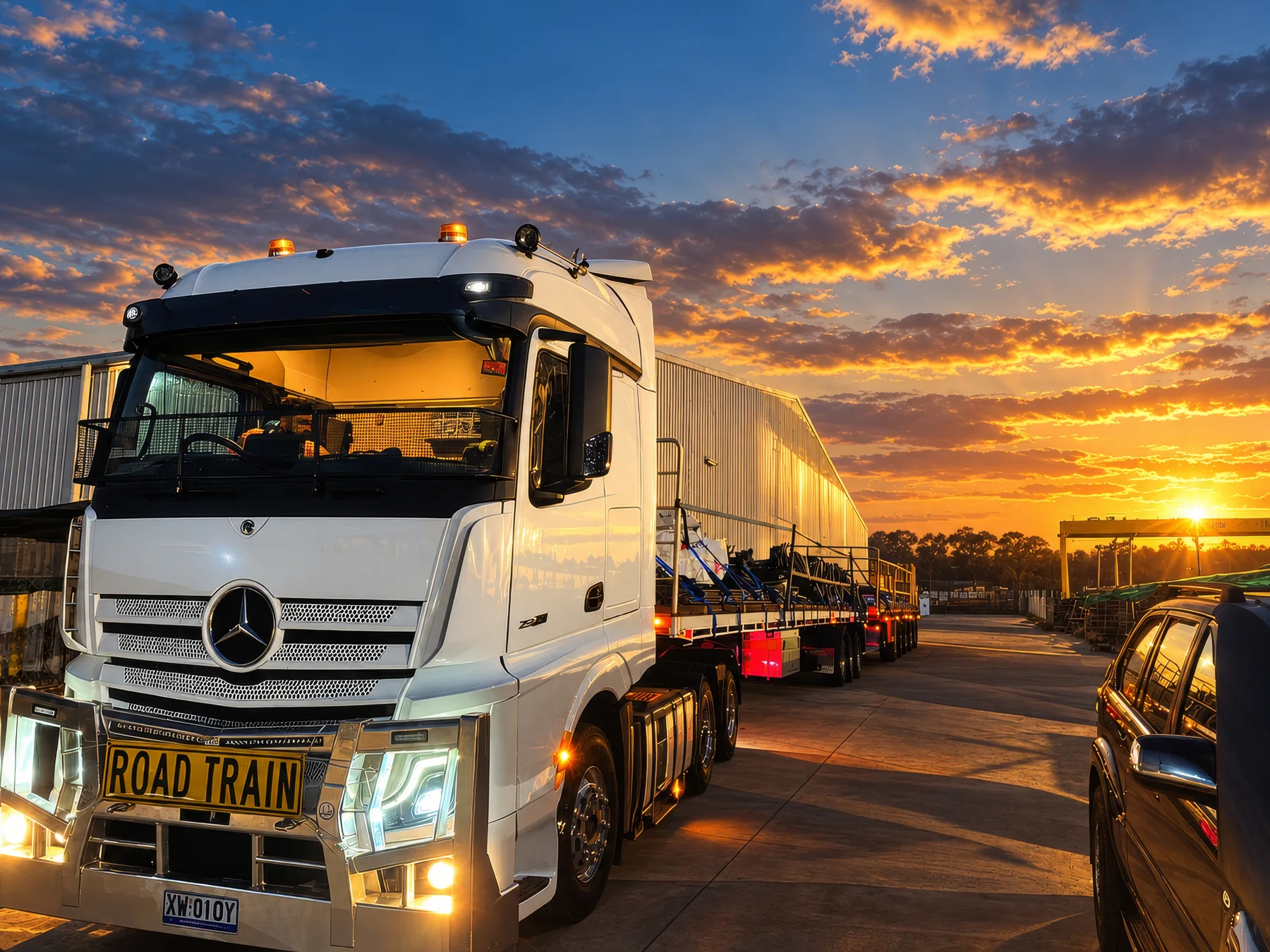 SBG road-train truck at sunset