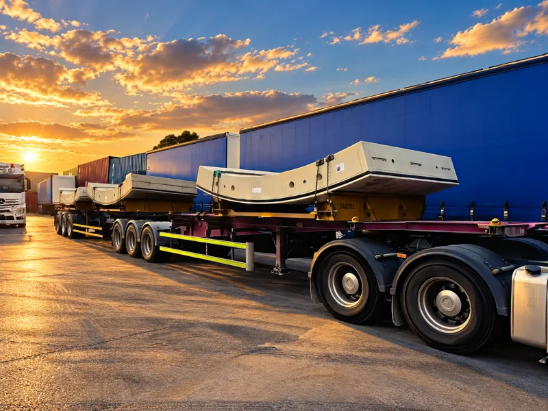 Concrete segments secured on SBG flat-top trailers.